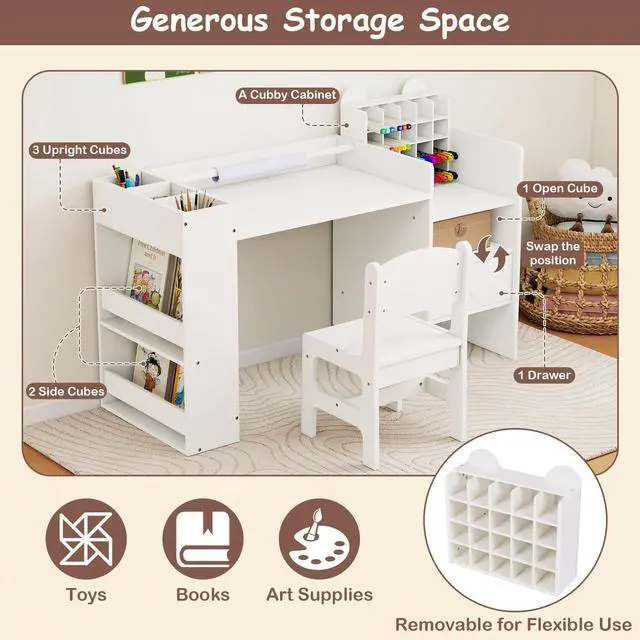Alt view image 4 of 6 - Kids Desk and Chair Set, Art Activity Desk Set with Detachable Paper Roll Holder, Cubby Cabinet, and Multiple Storage Space, 2-in-1 Toddler Table and Chair for Painting, Studying (White)