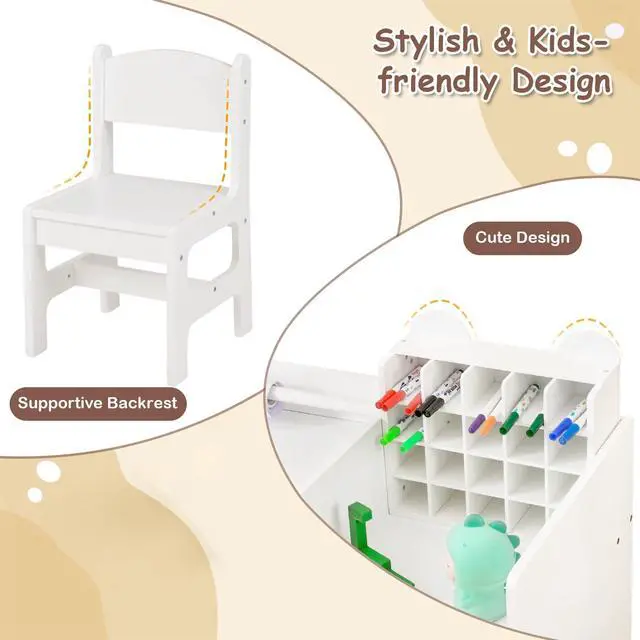 Alt view image 5 of 6 - Kids Desk and Chair Set, Art Activity Desk Set with Detachable Paper Roll Holder, Cubby Cabinet, and Multiple Storage Space, 2-in-1 Toddler Table and Chair for Painting, Studying (White)