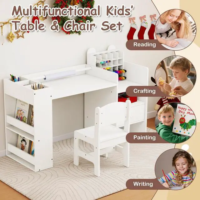 Alt view image 6 of 6 - Kids Desk and Chair Set, Art Activity Desk Set with Detachable Paper Roll Holder, Cubby Cabinet, and Multiple Storage Space, 2-in-1 Toddler Table and Chair for Painting, Studying (White)