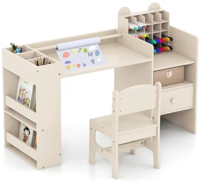 Main image of Kids Desk and Chair Set, Art Activity Desk Set with Detachable Paper Roll Holder, Cubby Cabinet, and Multiple Storage Space, 2-in-1 Toddler Table and Chair for Painting, Studying (Beige)