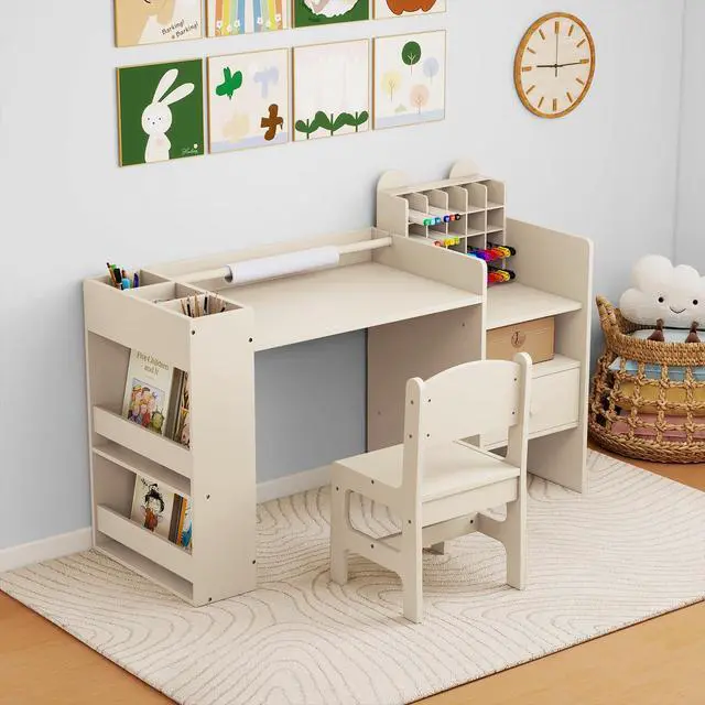 Alt view image 2 of 6 - Kids Desk and Chair Set, Art Activity Desk Set with Detachable Paper Roll Holder, Cubby Cabinet, and Multiple Storage Space, 2-in-1 Toddler Table and Chair for Painting, Studying (Beige)