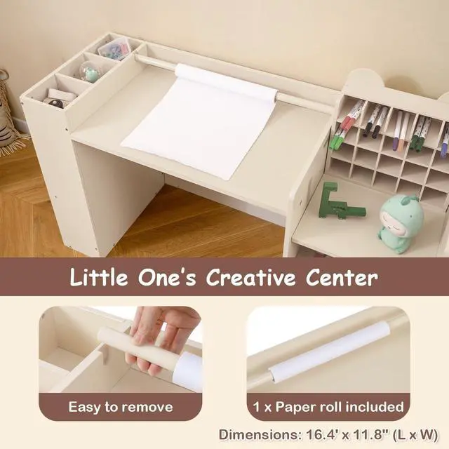 Alt view image 3 of 6 - Kids Desk and Chair Set, Art Activity Desk Set with Detachable Paper Roll Holder, Cubby Cabinet, and Multiple Storage Space, 2-in-1 Toddler Table and Chair for Painting, Studying (Beige)