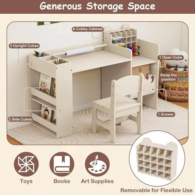 Alt view image 4 of 6 - Kids Desk and Chair Set, Art Activity Desk Set with Detachable Paper Roll Holder, Cubby Cabinet, and Multiple Storage Space, 2-in-1 Toddler Table and Chair for Painting, Studying (Beige)