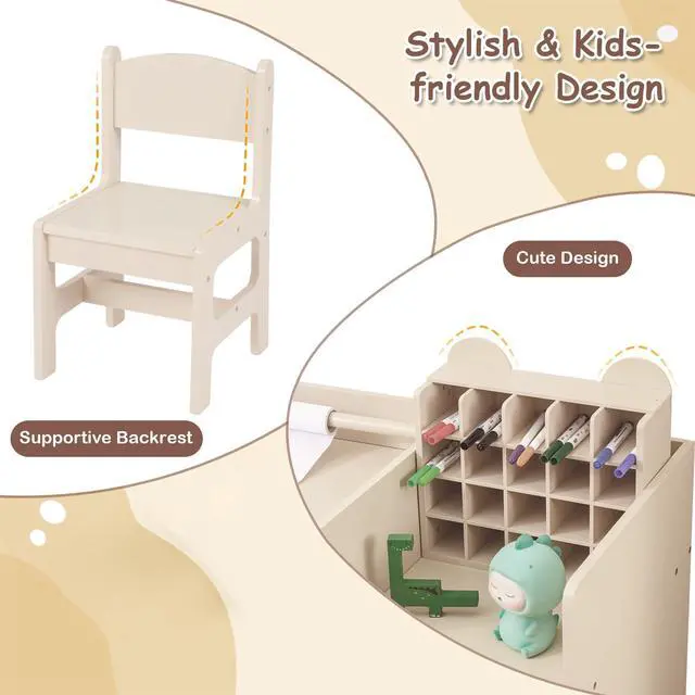 Alt view image 5 of 6 - Kids Desk and Chair Set, Art Activity Desk Set with Detachable Paper Roll Holder, Cubby Cabinet, and Multiple Storage Space, 2-in-1 Toddler Table and Chair for Painting, Studying (Beige)