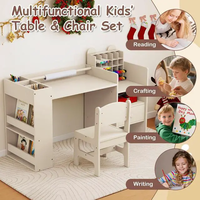 Alt view image 6 of 6 - Kids Desk and Chair Set, Art Activity Desk Set with Detachable Paper Roll Holder, Cubby Cabinet, and Multiple Storage Space, 2-in-1 Toddler Table and Chair for Painting, Studying (Beige)