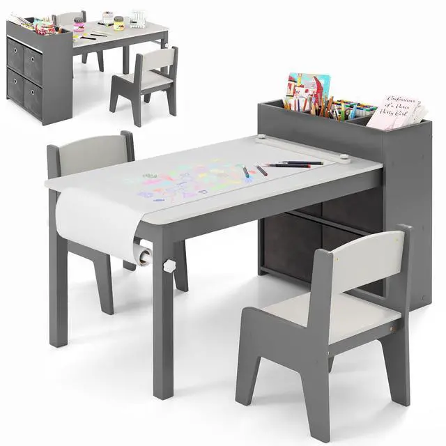 Main image of Kids Table and Chairs, 3 in 1 Wooden Art Drawing Desk Set w/ 4 Fabric Bins, Multiple Open Storage Compartments & a Paper Roll, Toddler Table and Chair Set for Children Playroom(Grey)