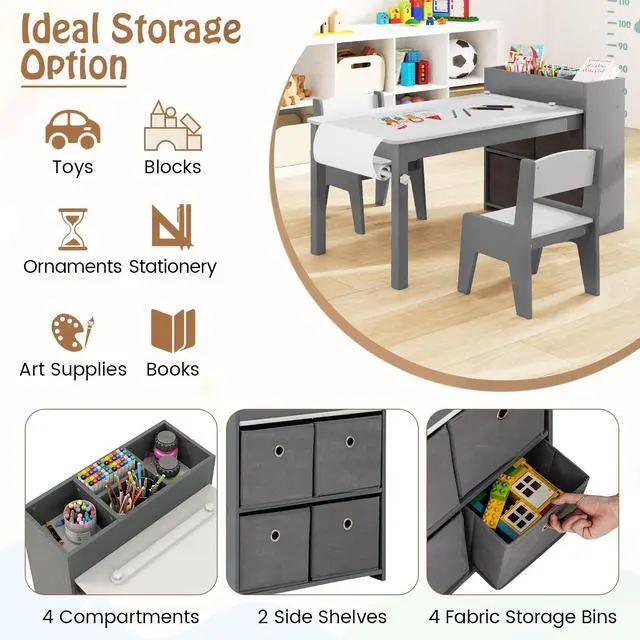 Alt view image 2 of 6 - Kids Table and Chairs, 3 in 1 Wooden Art Drawing Desk Set w/ 4 Fabric Bins, Multiple Open Storage Compartments & a Paper Roll, Toddler Table and Chair Set for Children Playroom(Grey)