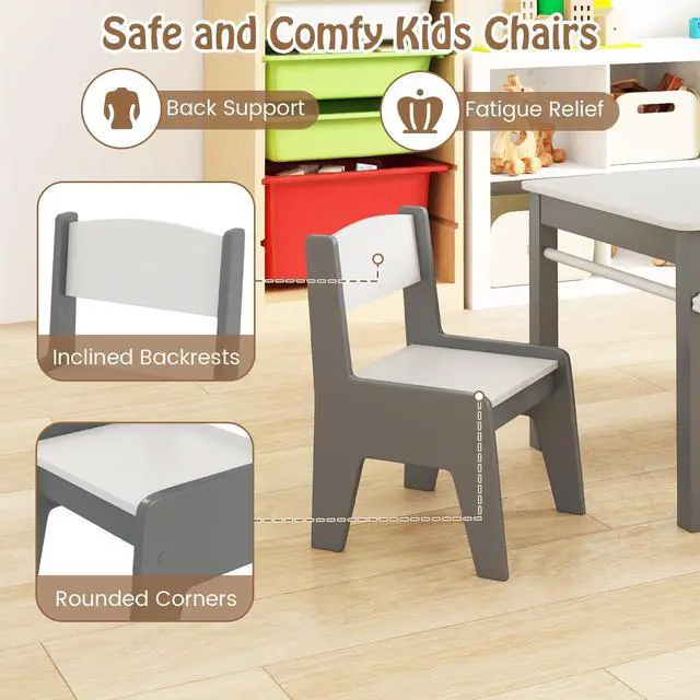 Alt view image 3 of 6 - Kids Table and Chairs, 3 in 1 Wooden Art Drawing Desk Set w/ 4 Fabric Bins, Multiple Open Storage Compartments & a Paper Roll, Toddler Table and Chair Set for Children Playroom(Grey)
