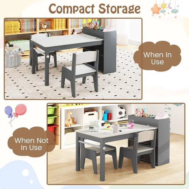 Alt view image 4 of 6 - Kids Table and Chairs, 3 in 1 Wooden Art Drawing Desk Set w/ 4 Fabric Bins, Multiple Open Storage Compartments & a Paper Roll, Toddler Table and Chair Set for Children Playroom(Grey)