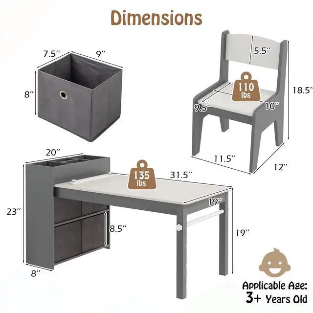 Alt view image 5 of 6 - Kids Table and Chairs, 3 in 1 Wooden Art Drawing Desk Set w/ 4 Fabric Bins, Multiple Open Storage Compartments & a Paper Roll, Toddler Table and Chair Set for Children Playroom(Grey)