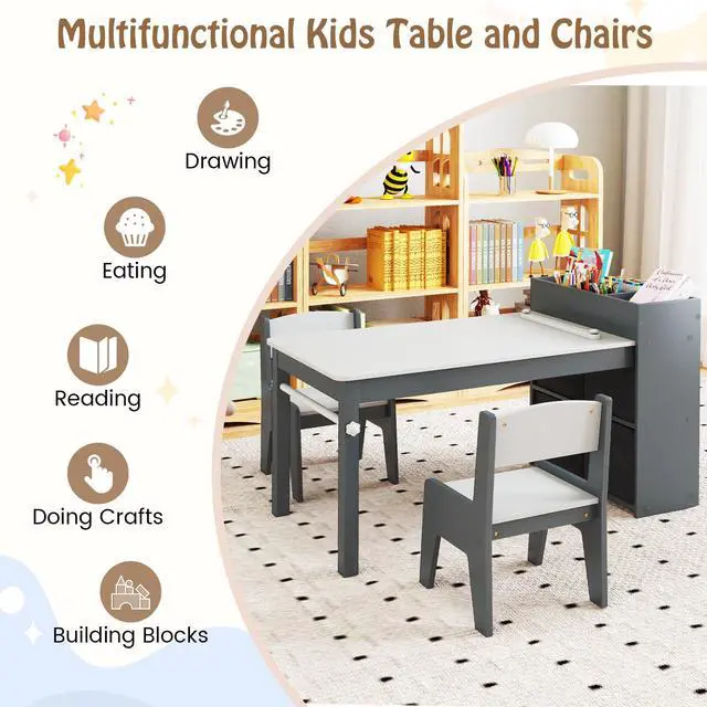 Alt view image 6 of 6 - Kids Table and Chairs, 3 in 1 Wooden Art Drawing Desk Set w/ 4 Fabric Bins, Multiple Open Storage Compartments & a Paper Roll, Toddler Table and Chair Set for Children Playroom(Grey)