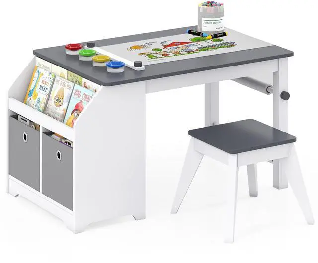 Main image of Kids Art Table and Chairs, Wooden Activity Desk Set w/Paper Roll, 4 Paint Cups, Storage Shelves and 2 Fabric Bins for Drawing Playing, Craft Toddler Table Set for Playroom Nursery & Classroom