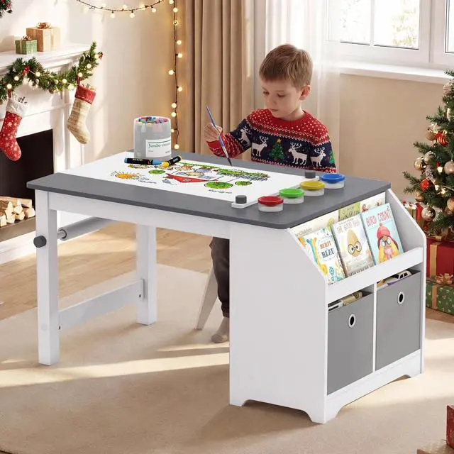 Alt view image 2 of 6 - Kids Art Table and Chairs, Wooden Activity Desk Set w/Paper Roll, 4 Paint Cups, Storage Shelves and 2 Fabric Bins for Drawing Playing, Craft Toddler Table Set for Playroom Nursery & Classroom