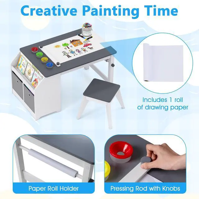 Alt view image 3 of 6 - Kids Art Table and Chairs, Wooden Activity Desk Set w/Paper Roll, 4 Paint Cups, Storage Shelves and 2 Fabric Bins for Drawing Playing, Craft Toddler Table Set for Playroom Nursery & Classroom