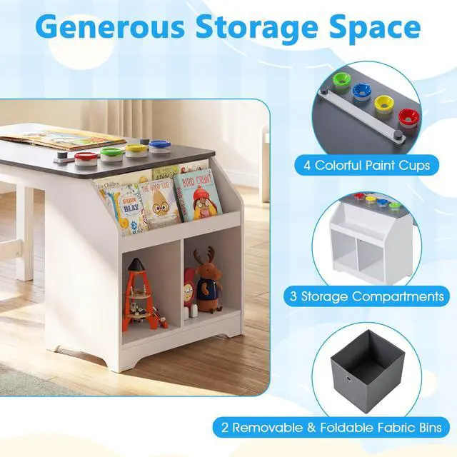Alt view image 4 of 6 - Kids Art Table and Chairs, Wooden Activity Desk Set w/Paper Roll, 4 Paint Cups, Storage Shelves and 2 Fabric Bins for Drawing Playing, Craft Toddler Table Set for Playroom Nursery & Classroom