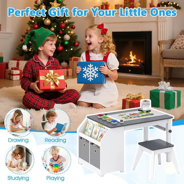 Alt view image 5 of 6 - Kids Art Table and Chairs, Wooden Activity Desk Set w/Paper Roll, 4 Paint Cups, Storage Shelves and 2 Fabric Bins for Drawing Playing, Craft Toddler Table Set for Playroom Nursery & Classroom