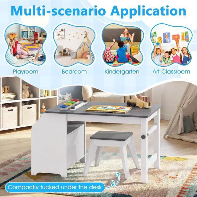 Alt view image 6 of 6 - Kids Art Table and Chairs, Wooden Activity Desk Set w/Paper Roll, 4 Paint Cups, Storage Shelves and 2 Fabric Bins for Drawing Playing, Craft Toddler Table Set for Playroom Nursery & Classroom