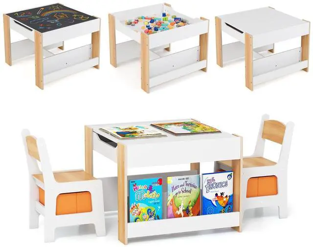Main image of Kids Table and Chairs, 4 in 1 Wooden Activity Table with Bookshelves, Reversible Tabletop, Chalkboard for Crafts, Drawing, Toddler Table and Chair Set, Easy to Clean (White + Natural)