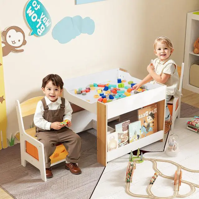 Alt view image 2 of 6 - Kids Table and Chairs, 4 in 1 Wooden Activity Table with Bookshelves, Reversible Tabletop, Chalkboard for Crafts, Drawing, Toddler Table and Chair Set, Easy to Clean (White + Natural)