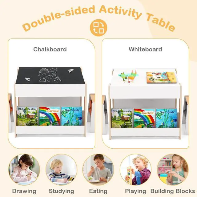 Alt view image 3 of 6 - Kids Table and Chairs, 4 in 1 Wooden Activity Table with Bookshelves, Reversible Tabletop, Chalkboard for Crafts, Drawing, Toddler Table and Chair Set, Easy to Clean (White + Natural)