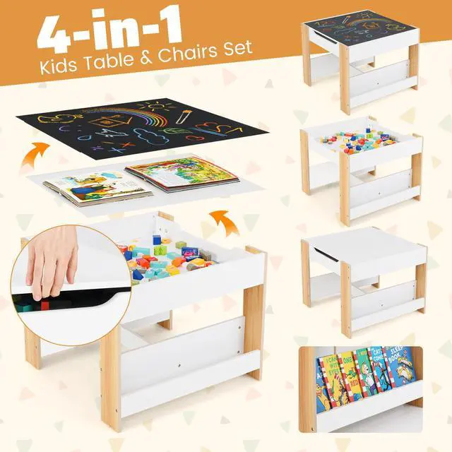 Alt view image 4 of 6 - Kids Table and Chairs, 4 in 1 Wooden Activity Table with Bookshelves, Reversible Tabletop, Chalkboard for Crafts, Drawing, Toddler Table and Chair Set, Easy to Clean (White + Natural)