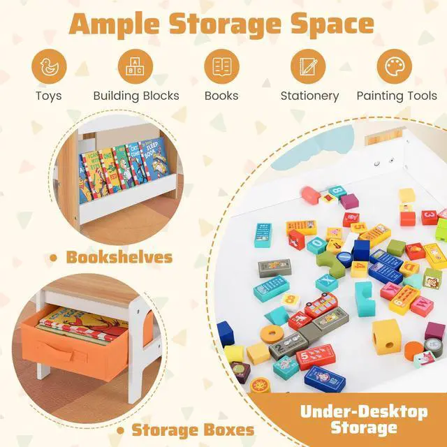 Alt view image 5 of 6 - Kids Table and Chairs, 4 in 1 Wooden Activity Table with Bookshelves, Reversible Tabletop, Chalkboard for Crafts, Drawing, Toddler Table and Chair Set, Easy to Clean (White + Natural)