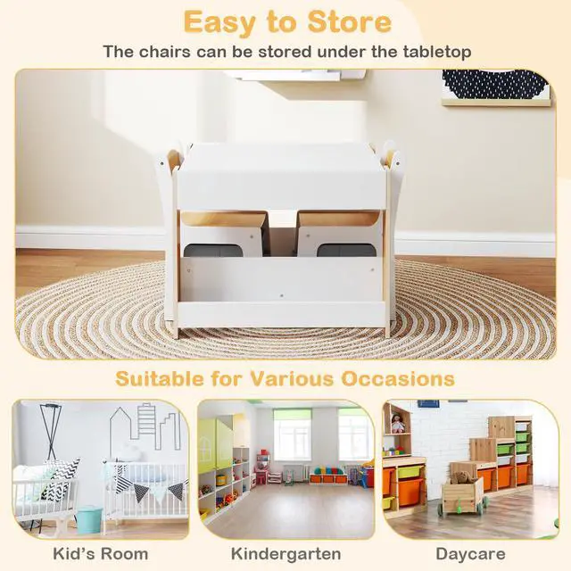 Alt view image 6 of 6 - Kids Table and Chairs, 4 in 1 Wooden Activity Table with Bookshelves, Reversible Tabletop, Chalkboard for Crafts, Drawing, Toddler Table and Chair Set, Easy to Clean (White + Natural)