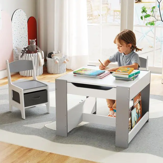 Alt view image 2 of 6 - Kids Table and Chairs, 4 in 1 Wooden Activity Table with Bookshelves, Reversible Tabletop, Chalkboard for Crafts, Drawing, Toddler Table and Chair Set, Easy to Clean (White + Gray)