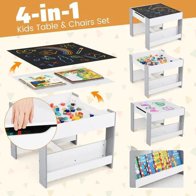 Alt view image 3 of 6 - Kids Table and Chairs, 4 in 1 Wooden Activity Table with Bookshelves, Reversible Tabletop, Chalkboard for Crafts, Drawing, Toddler Table and Chair Set, Easy to Clean (White + Gray)
