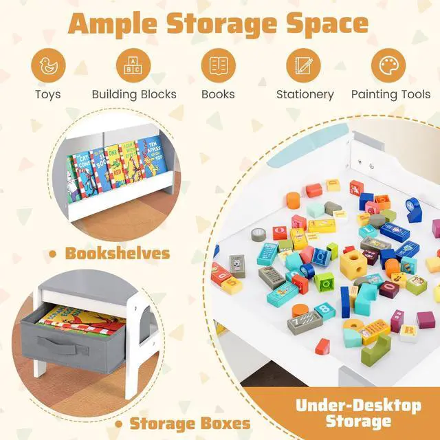 Alt view image 4 of 6 - Kids Table and Chairs, 4 in 1 Wooden Activity Table with Bookshelves, Reversible Tabletop, Chalkboard for Crafts, Drawing, Toddler Table and Chair Set, Easy to Clean (White + Gray)