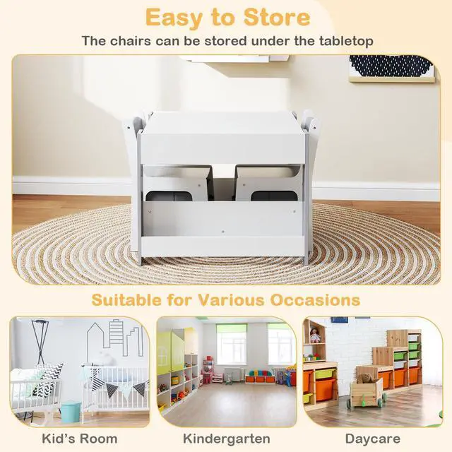 Alt view image 5 of 6 - Kids Table and Chairs, 4 in 1 Wooden Activity Table with Bookshelves, Reversible Tabletop, Chalkboard for Crafts, Drawing, Toddler Table and Chair Set, Easy to Clean (White + Gray)