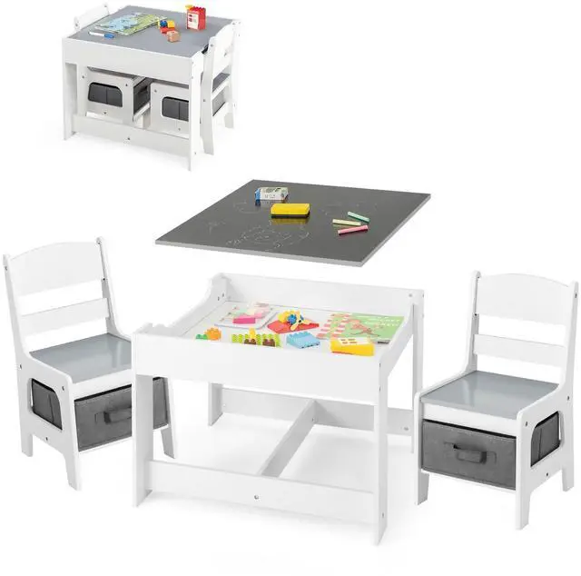 Main image of Kids Table and Chairs, 3 in 1 Wooden Activity Table with Storage, Reversible Tabletop, Chalkboard for Crafts, Drawing, Reading, Toddler Table and Chair Set for Playroom, Easy to Clean(Grey)