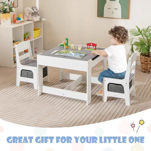 Alt view image 2 of 6 - Kids Table and Chairs, 3 in 1 Wooden Activity Table with Storage, Reversible Tabletop, Chalkboard for Crafts, Drawing, Reading, Toddler Table and Chair Set for Playroom, Easy to Clean(Grey)
