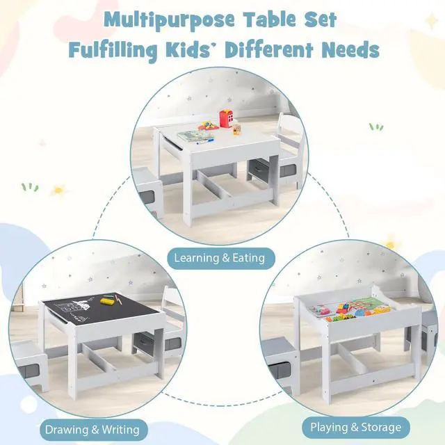 Alt view image 3 of 6 - Kids Table and Chairs, 3 in 1 Wooden Activity Table with Storage, Reversible Tabletop, Chalkboard for Crafts, Drawing, Reading, Toddler Table and Chair Set for Playroom, Easy to Clean(Grey)