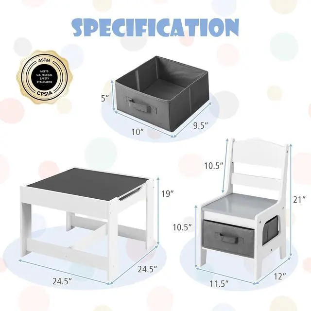 Alt view image 6 of 6 - Kids Table and Chairs, 3 in 1 Wooden Activity Table with Storage, Reversible Tabletop, Chalkboard for Crafts, Drawing, Reading, Toddler Table and Chair Set for Playroom, Easy to Clean(Grey)