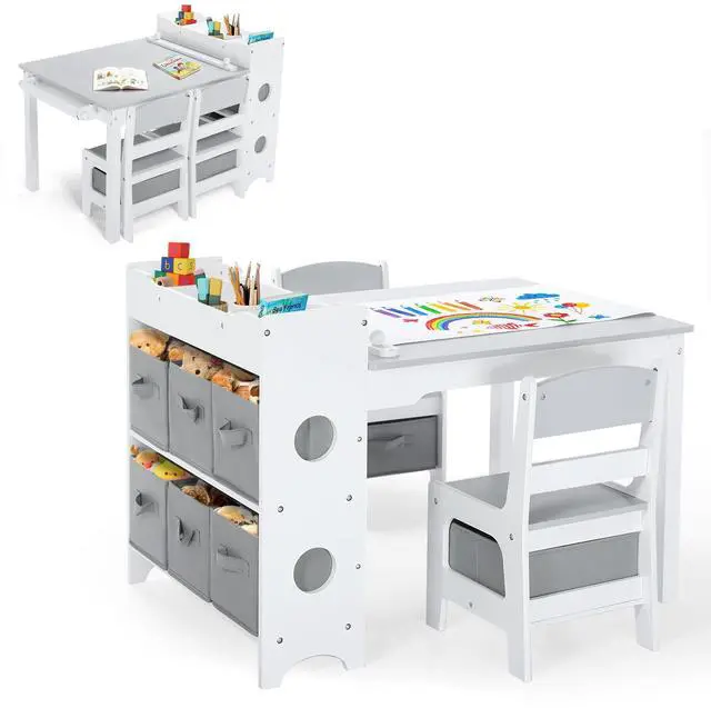 Main image of Kids Art Table & 2 Chairs Set, 8 Storage Drawers, Grey | Wood Toddler Activity Table w/Paper Roll, Drawing, Studying, Kids Table and Chairs for Playroom, Daycare, Home, 3 Years+