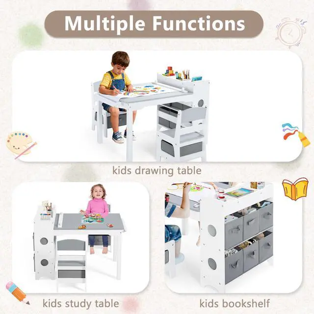 Alt view image 2 of 6 - Kids Art Table & 2 Chairs Set, 8 Storage Drawers, Grey | Wood Toddler Activity Table w/Paper Roll, Drawing, Studying, Kids Table and Chairs for Playroom, Daycare, Home, 3 Years+