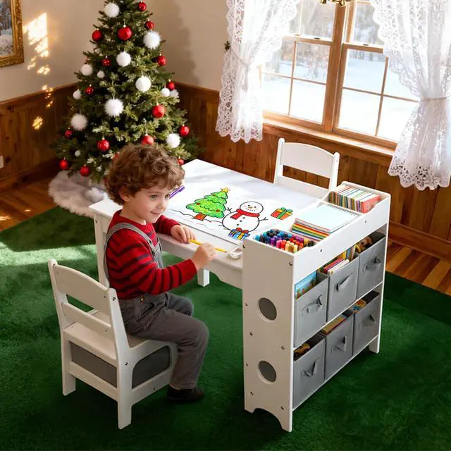 Alt view image 3 of 6 - Kids Art Table & 2 Chairs Set, 8 Storage Drawers, Grey | Wood Toddler Activity Table w/Paper Roll, Drawing, Studying, Kids Table and Chairs for Playroom, Daycare, Home, 3 Years+