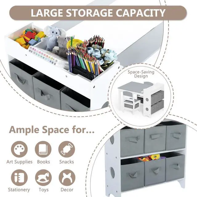 Alt view image 4 of 6 - Kids Art Table & 2 Chairs Set, 8 Storage Drawers, Grey | Wood Toddler Activity Table w/Paper Roll, Drawing, Studying, Kids Table and Chairs for Playroom, Daycare, Home, 3 Years+