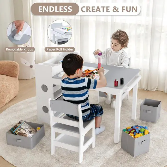 Alt view image 5 of 6 - Kids Art Table & 2 Chairs Set, 8 Storage Drawers, Grey | Wood Toddler Activity Table w/Paper Roll, Drawing, Studying, Kids Table and Chairs for Playroom, Daycare, Home, 3 Years+