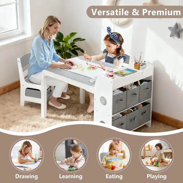 Alt view image 6 of 6 - Kids Art Table & 2 Chairs Set, 8 Storage Drawers, Grey | Wood Toddler Activity Table w/Paper Roll, Drawing, Studying, Kids Table and Chairs for Playroom, Daycare, Home, 3 Years+