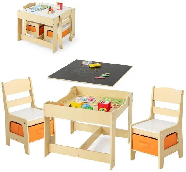 Main image of Kids Table and Chairs, 3 in 1 Wooden Activity Table with Storage, Reversible Tabletop, Chalkboard for Crafts, Drawing, Reading, Toddler Table and Chair Set for Playroom, Easy to Clean(Natural)