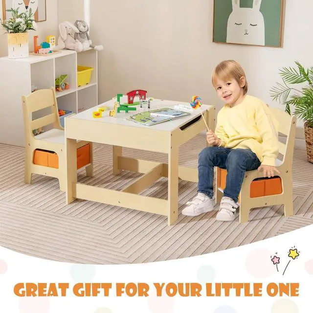 Alt view image 2 of 6 - Kids Table and Chairs, 3 in 1 Wooden Activity Table with Storage, Reversible Tabletop, Chalkboard for Crafts, Drawing, Reading, Toddler Table and Chair Set for Playroom, Easy to Clean(Natural)