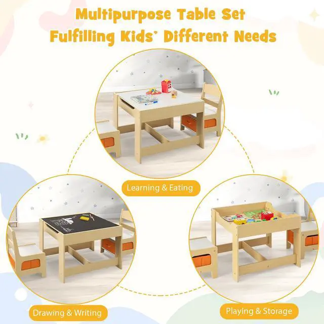 Alt view image 3 of 6 - Kids Table and Chairs, 3 in 1 Wooden Activity Table with Storage, Reversible Tabletop, Chalkboard for Crafts, Drawing, Reading, Toddler Table and Chair Set for Playroom, Easy to Clean(Natural)