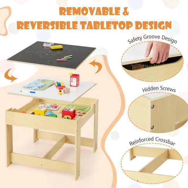 Alt view image 4 of 6 - Kids Table and Chairs, 3 in 1 Wooden Activity Table with Storage, Reversible Tabletop, Chalkboard for Crafts, Drawing, Reading, Toddler Table and Chair Set for Playroom, Easy to Clean(Natural)