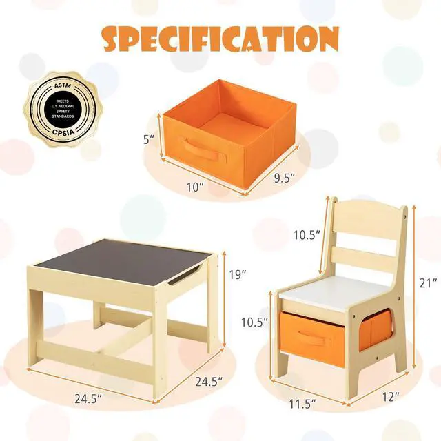 Alt view image 6 of 6 - Kids Table and Chairs, 3 in 1 Wooden Activity Table with Storage, Reversible Tabletop, Chalkboard for Crafts, Drawing, Reading, Toddler Table and Chair Set for Playroom, Easy to Clean(Natural)