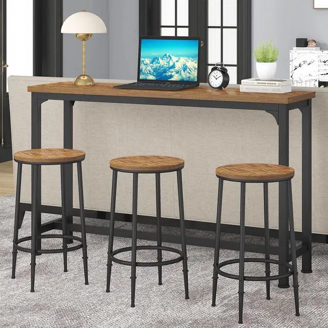 Main image of Bar Table Set for 3, 4 Piece Console Table with 3 Stools, Counter Height Sofa Table Set with 3 Chairs for Breakfast Nook, Living Room and Apartment (Brown)