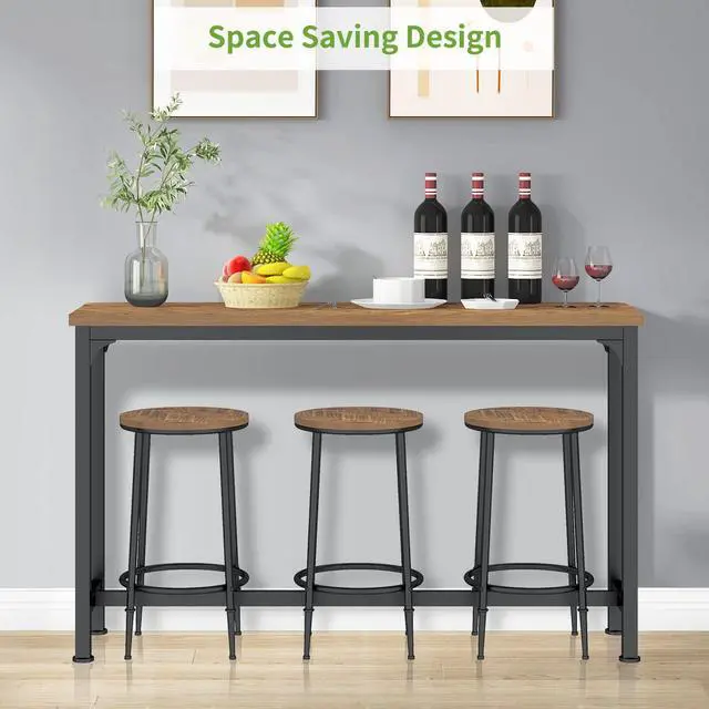 Alt view image 2 of 6 - Bar Table Set for 3, 4 Piece Console Table with 3 Stools, Counter Height Sofa Table Set with 3 Chairs for Breakfast Nook, Living Room and Apartment (Brown)