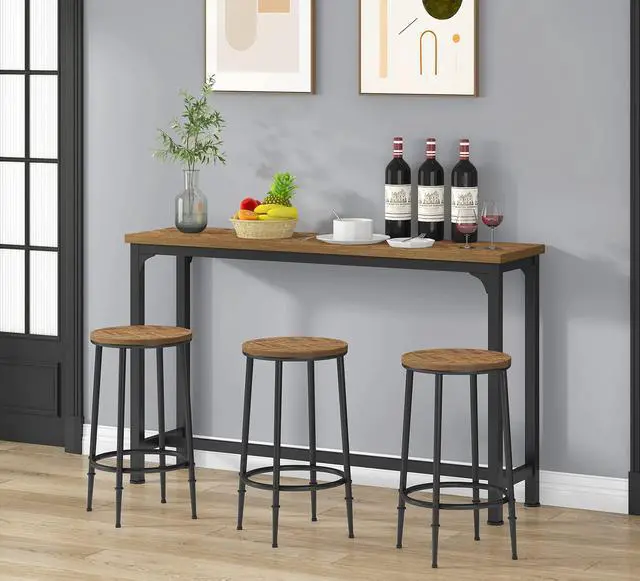 Alt view image 3 of 6 - Bar Table Set for 3, 4 Piece Console Table with 3 Stools, Counter Height Sofa Table Set with 3 Chairs for Breakfast Nook, Living Room and Apartment (Brown)