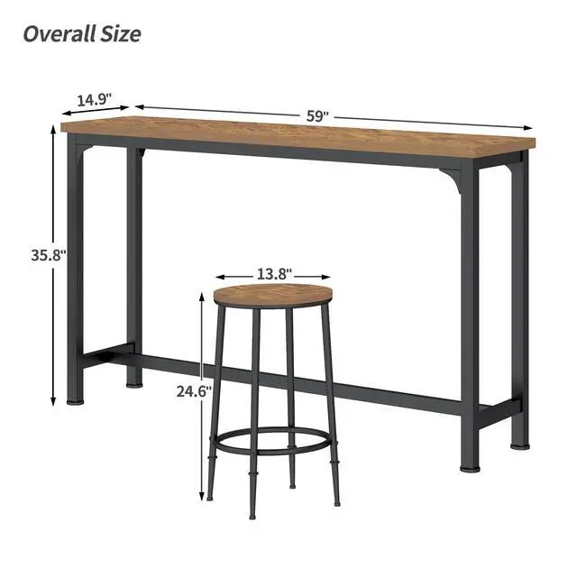 Alt view image 6 of 6 - Bar Table Set for 3, 4 Piece Console Table with 3 Stools, Counter Height Sofa Table Set with 3 Chairs for Breakfast Nook, Living Room and Apartment (Brown)